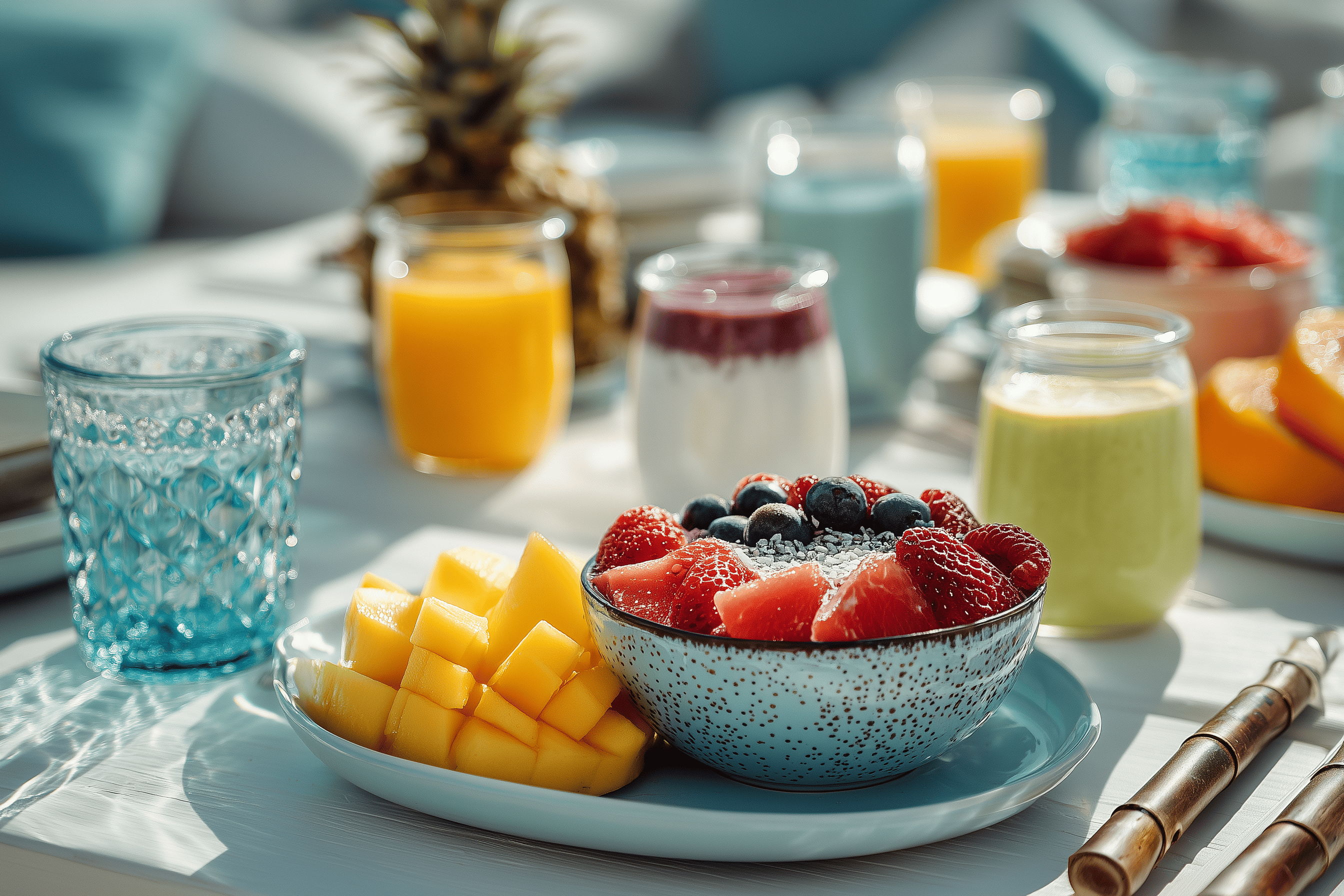 A vibrant Middle Eastern breakfast spread with hummus, falafel, and fresh vegetables